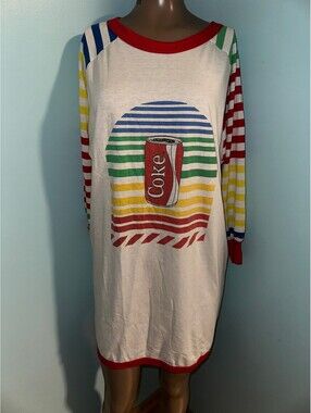 VTG 90s Coke Merch USA Colorful Striped Hippie Dress M